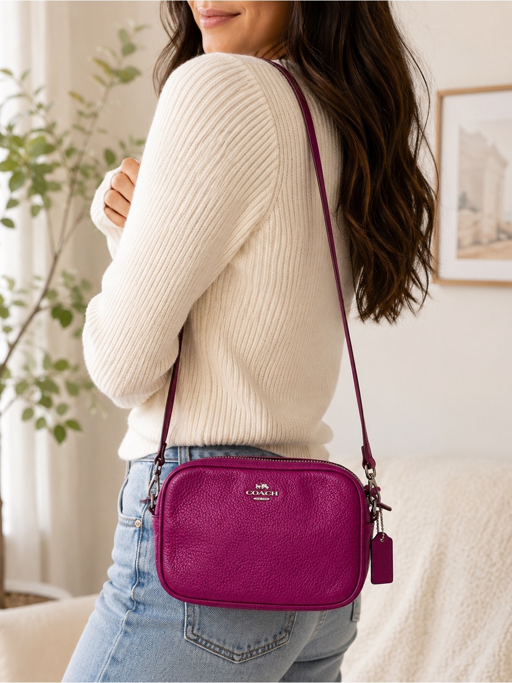 Coach Fuchsia Pebbled Leather Crossbody Camera Bag Purse - Picture 3 of 6